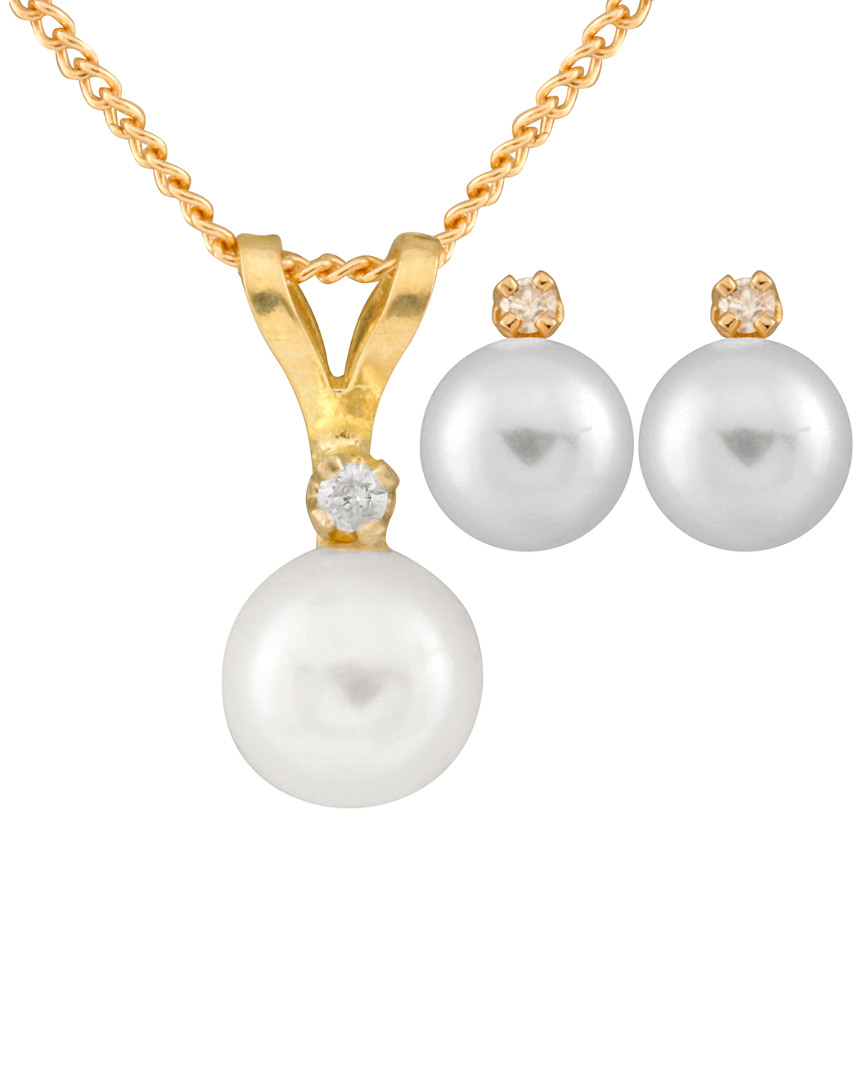 Splendid Pearls 14k 0.03 Ct. Tw. Diamond & 5-5.5mm Freshwater Pearl Earrings & Necklace Set