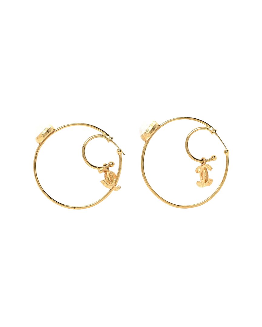 Pre-owned Chanel Pearl Cc Tags Hoop Earrings (authentic Pre-loved)