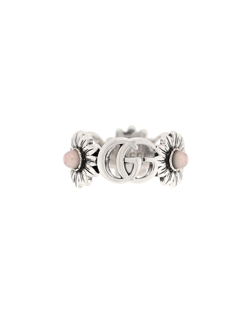 Gucci Silver Mother Of Pearl Double G Marmont Flower Ring 50 5.5 (authentic  Pre-loved) In Silver
