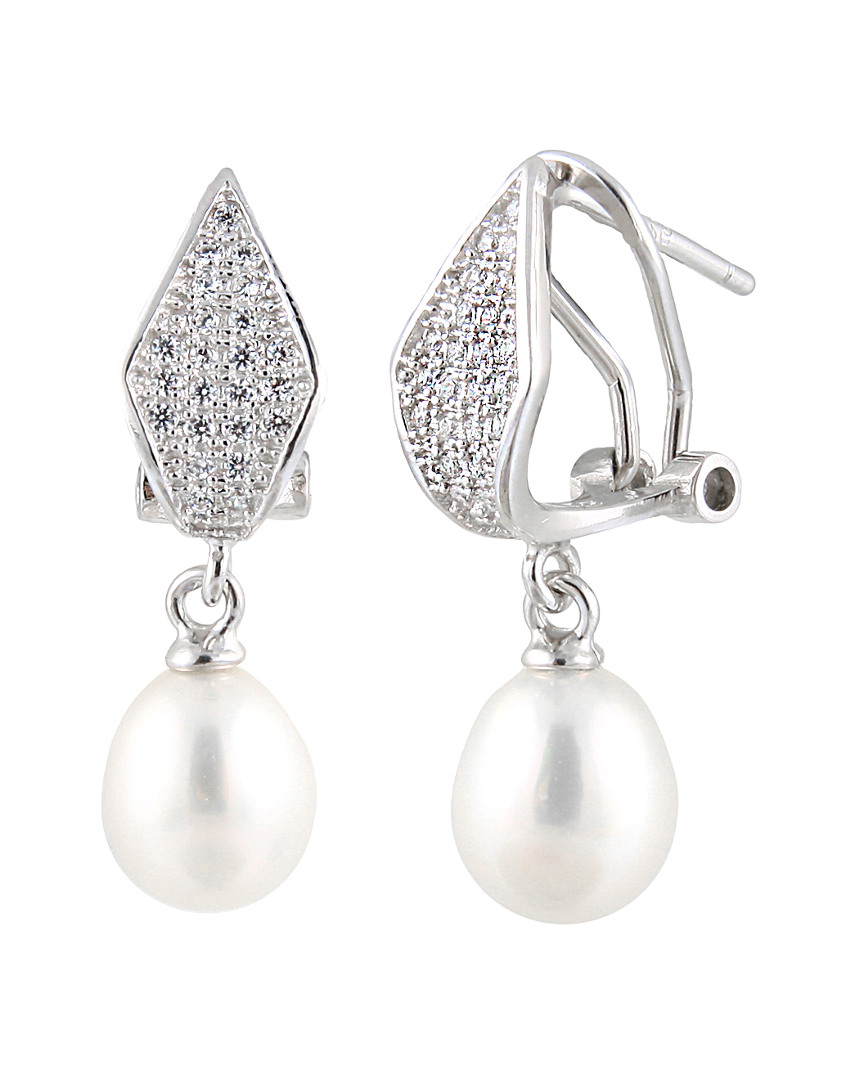 Splendid Pearls Rhodium Plated 7.5-8mm Freshwater Pearl & Cz Drop Earrings
