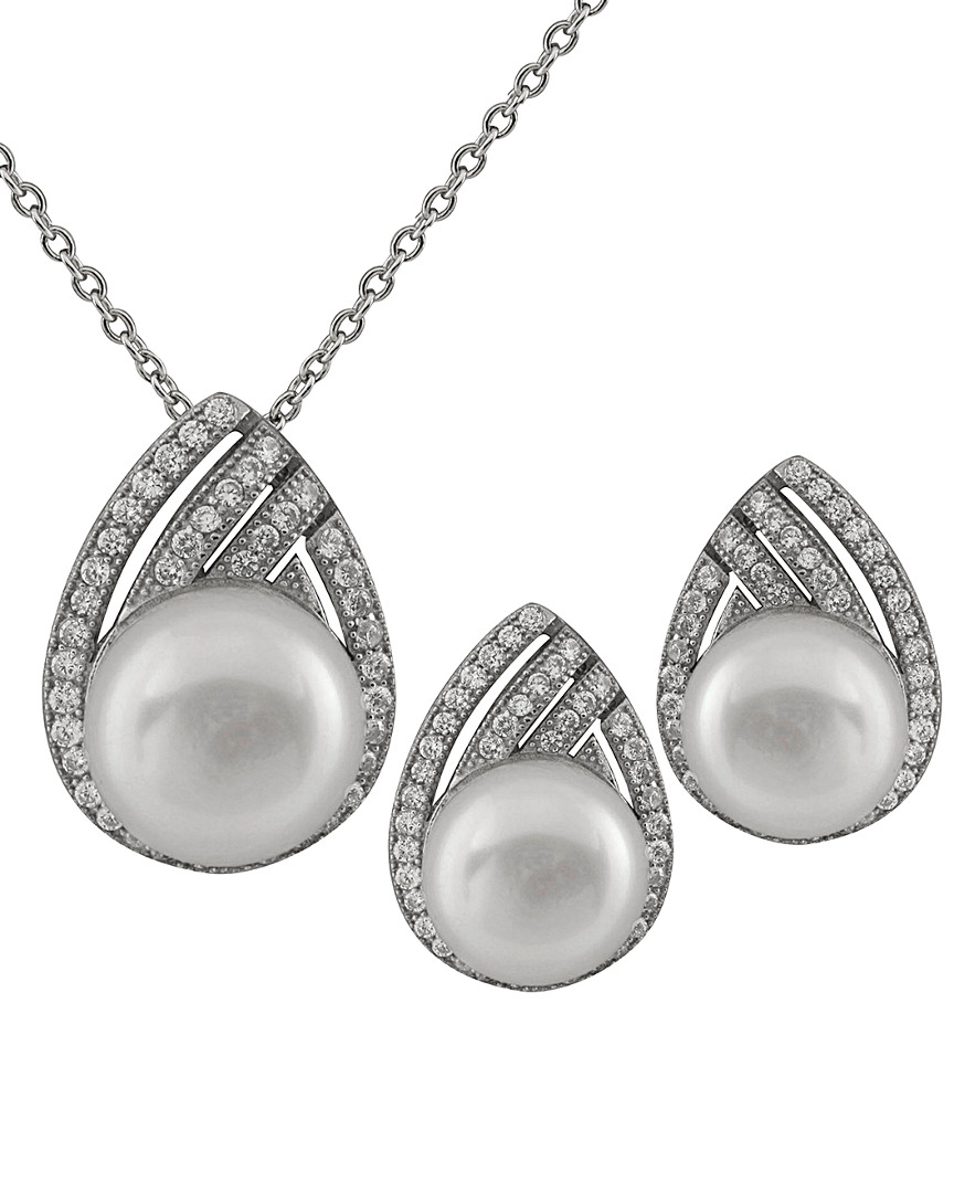 Splendid Pearls Rhodium Plated Silver 7-8mm Freshwater Pearl Drop Earrings & Necklace Set