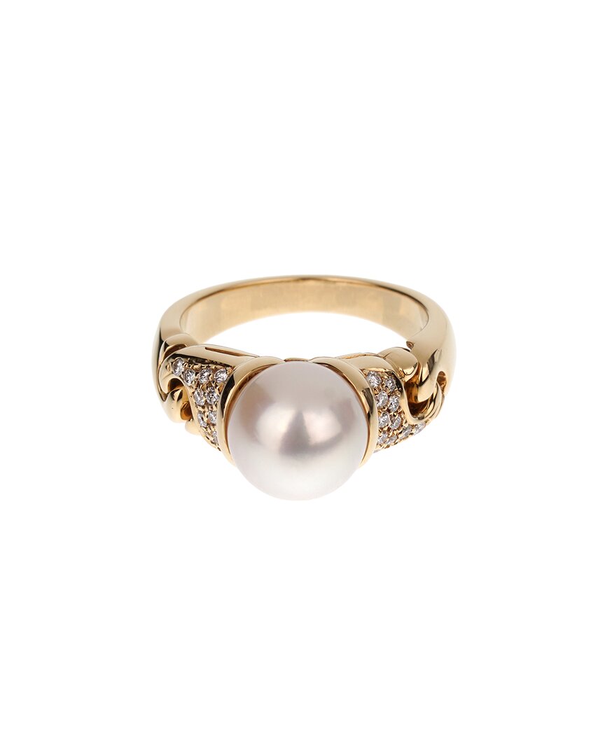 Bulgari 18k 0.30 Ct. Tw. Diamond & 9.2mmmm Pearl Cocktail Ring (authentic Pre- Owned)