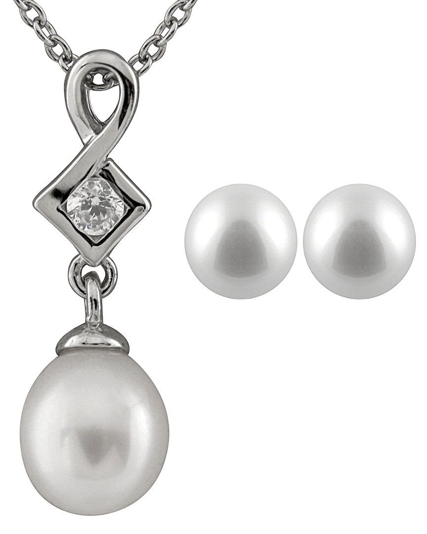 Splendid Pearls Silver 6.5-7mm Freshwater Pearl & Cz Earrings & Necklace Set Set