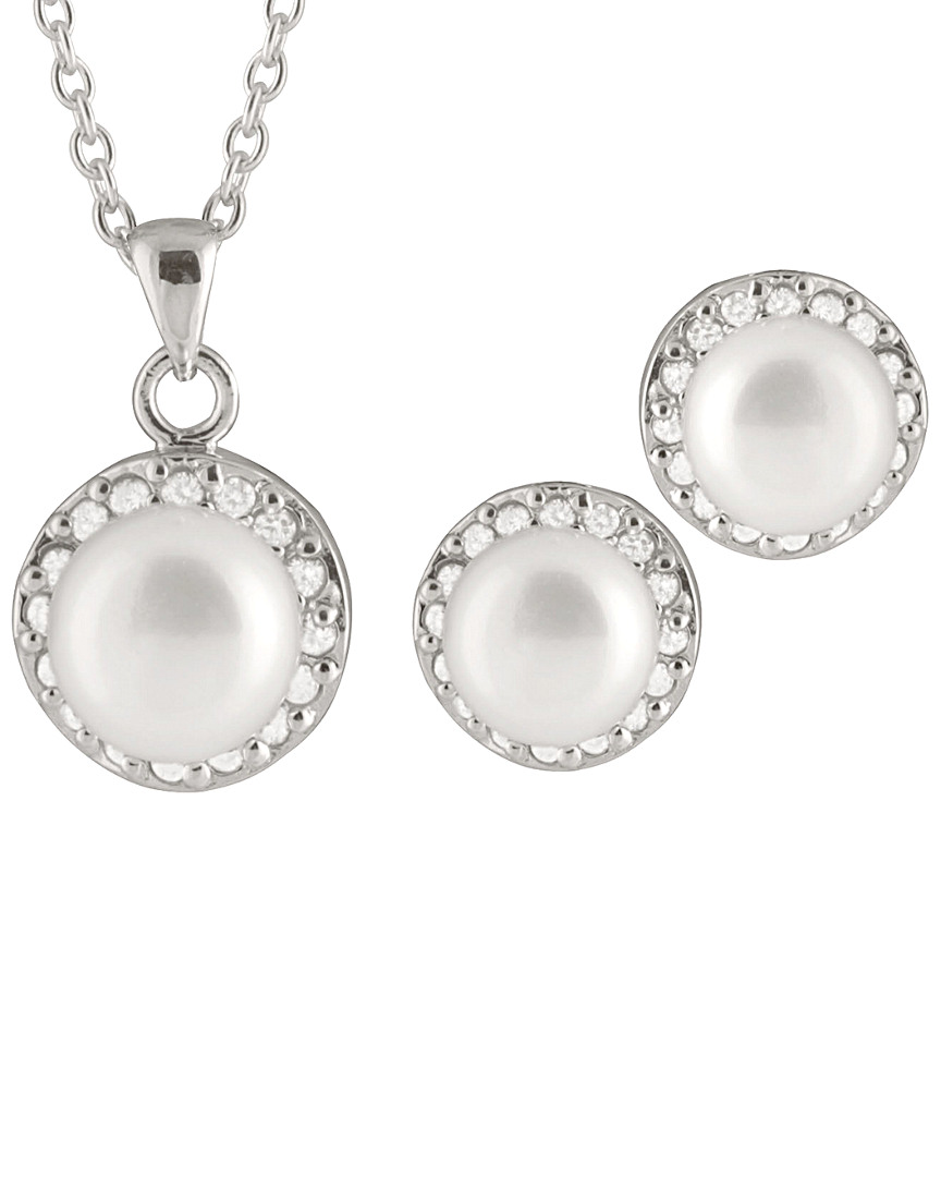 Splendid Pearls Silver 7-8mm Freshwater Pearl & Cz Earrings & Necklace Set Set