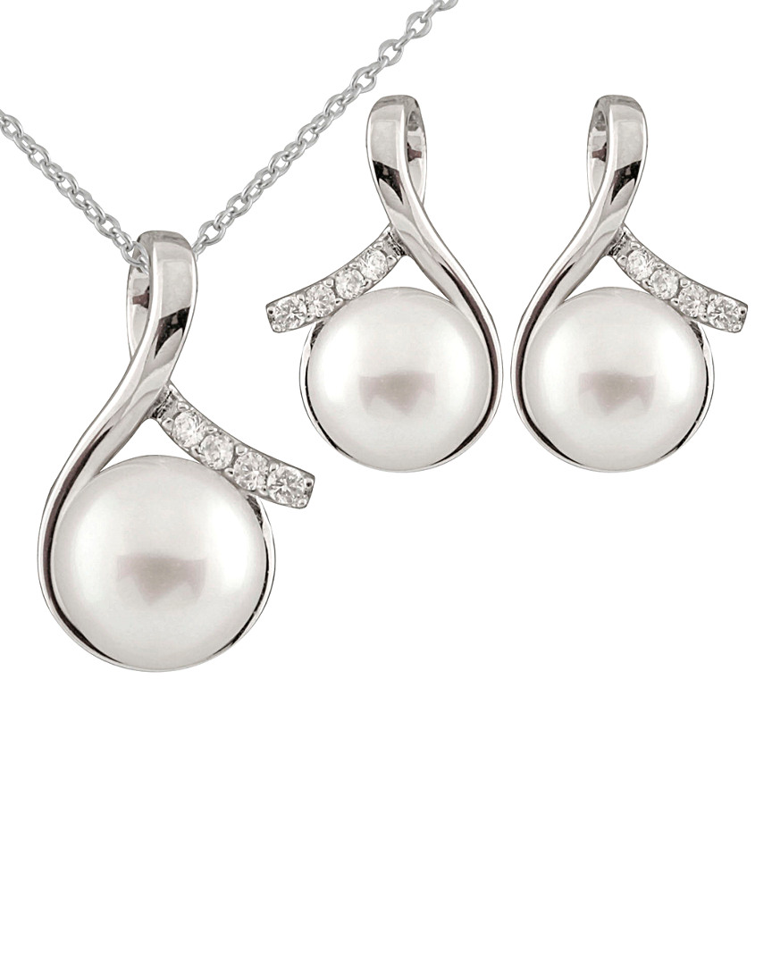Splendid Pearls Silver 8-10mm Freshwater Pearl & Cz Earrings & Necklace Set Set