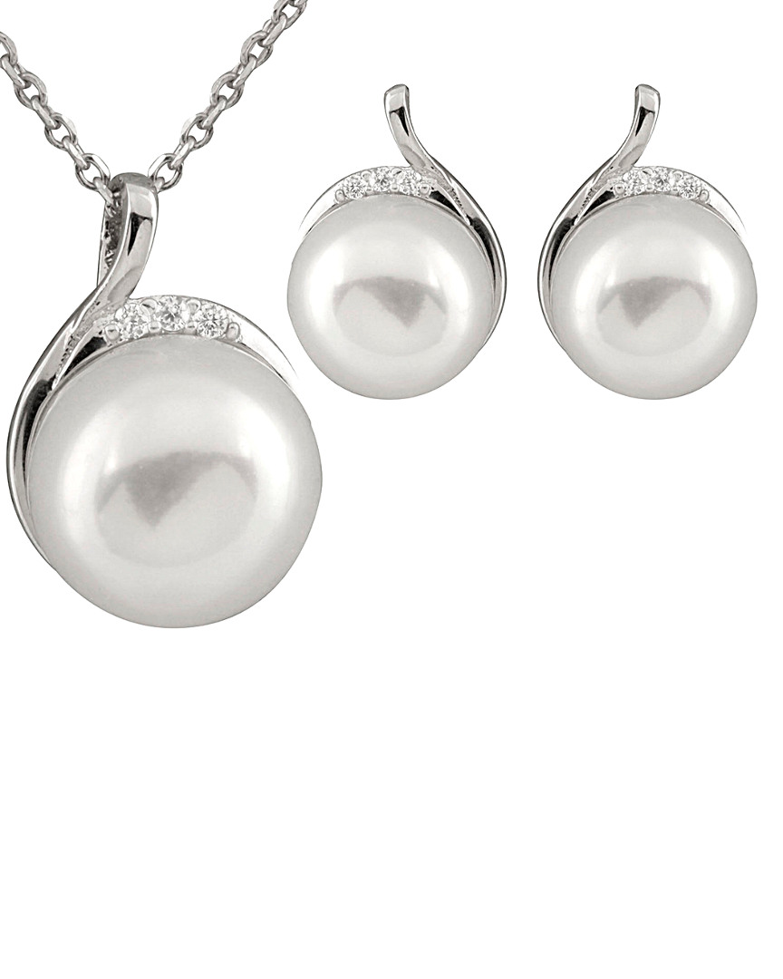 Splendid Pearls Silver 9-10mm Freshwater Pearl & Cz Earrings & Necklace Set Set