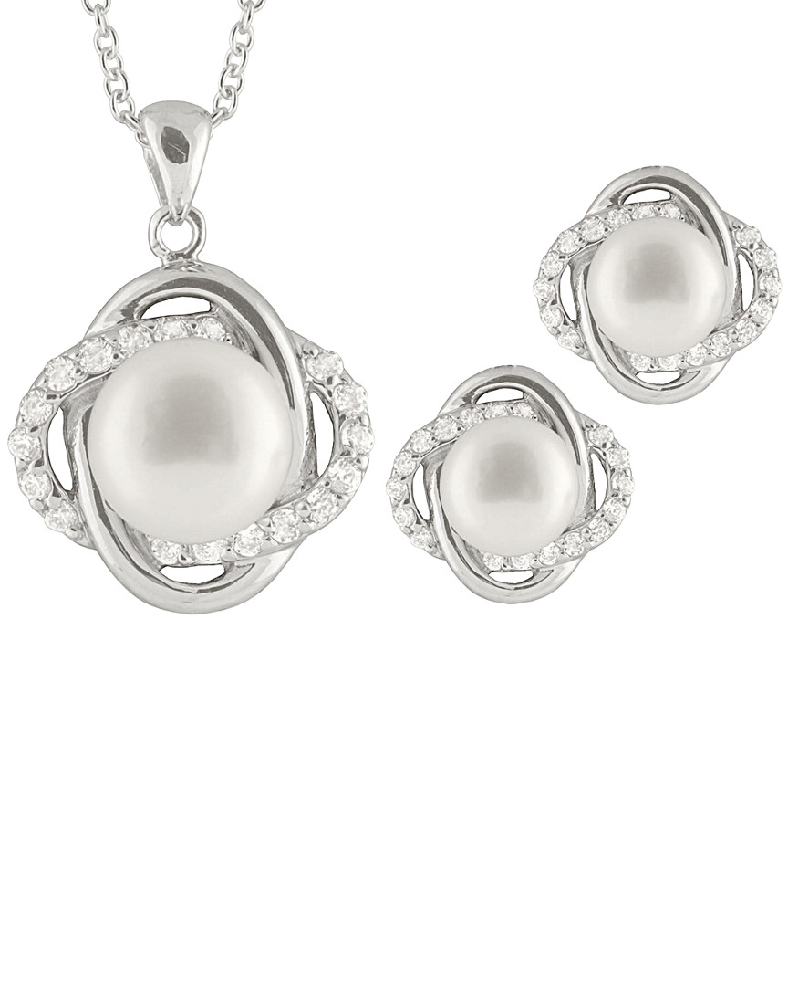 Splendid Pearls Silver 7-9mm Freshwater Pearl & Cz Earrings & Necklace Set Set