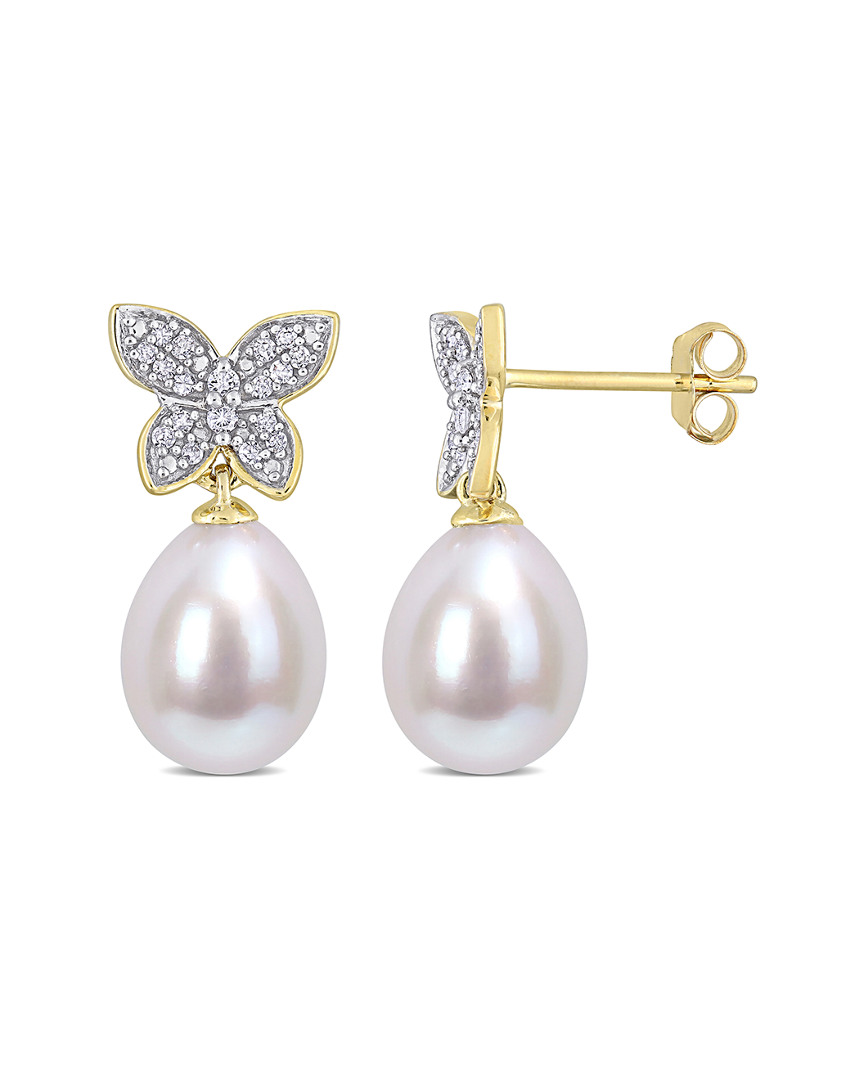 Rina Limor 10k 0.14 Ct. Tw. Diamond 8.5-9mm Pearl Butterfly Drop Earrings