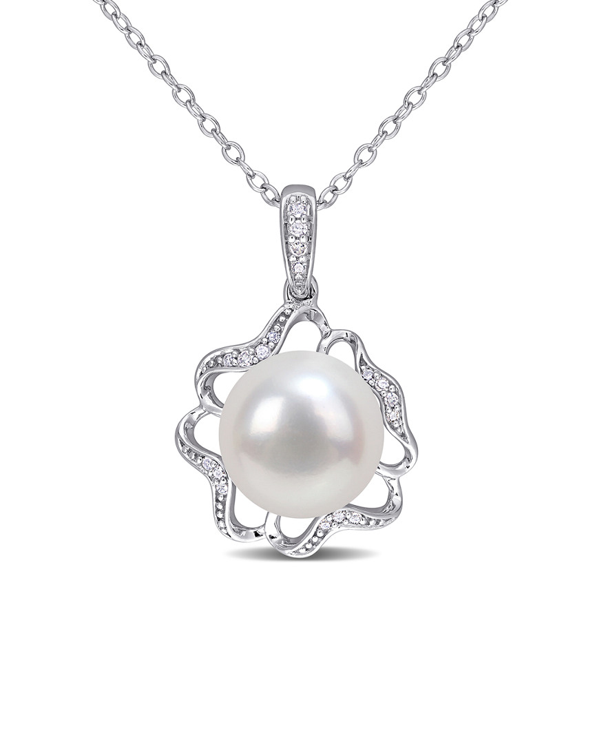 Rina Limor Silver 0.06 Ct. Tw. Diamond 9.5-10mm Pearl Floral Pendant Necklace