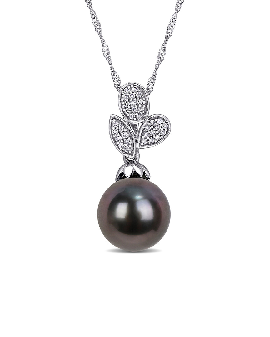 Rina Limor 10k 0.10 Ct. Tw. Diamond 9-9.5mm Pearl Leaf Drop Pendant Necklace
