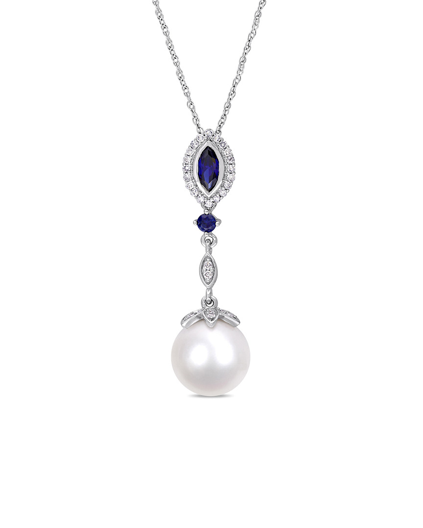 Rina Limor 10k 0.68 Ct. Tw. Diamond & Blue Sapphire 10-10.5mm Pearl Necklace