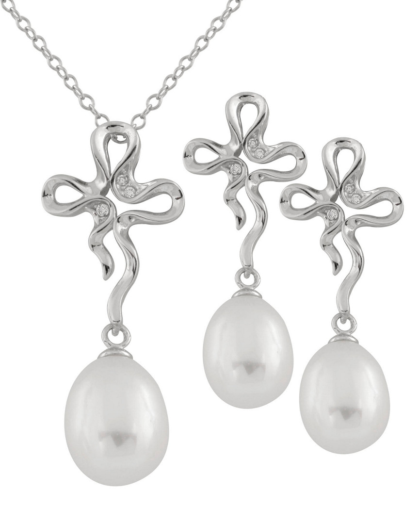 Splendid Pearls Rhodium Over Silver 7-9mm Pearl Necklace & Earrings Set