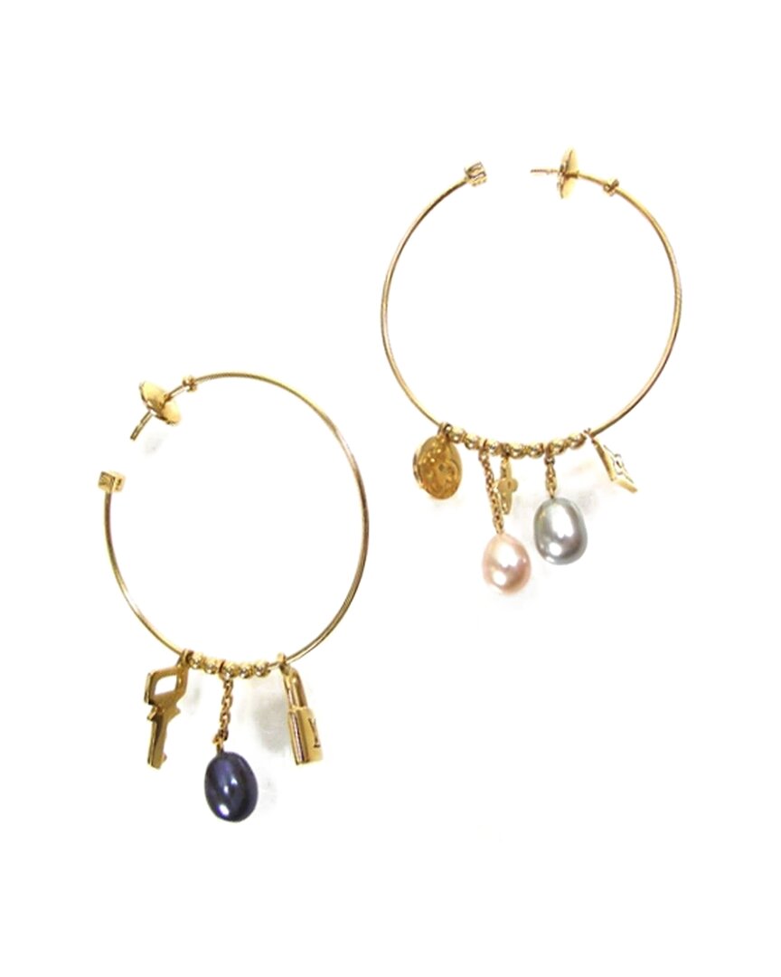 Louis Vuitton 18k Pearl Charm Hoops (authentic Pre-loved) In Gold