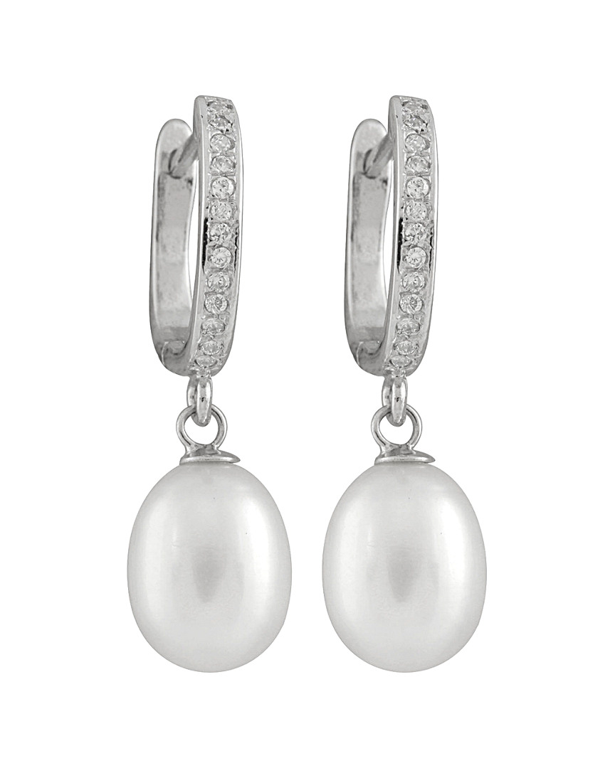 Splendid Pearls Rhodium Plated 7.5-8mm Pearl & Cz Earrings