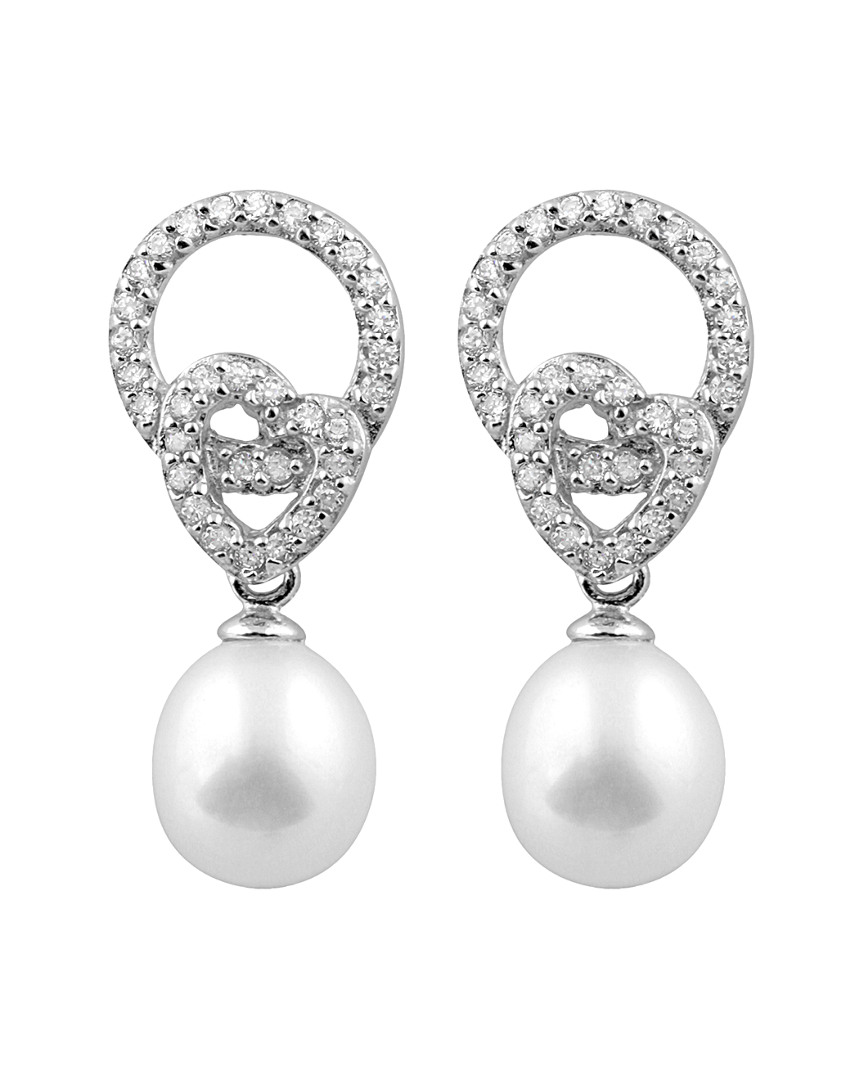 Splendid Pearls Rhodium Plated 7.5-8mm Pearl & Cz Earrings