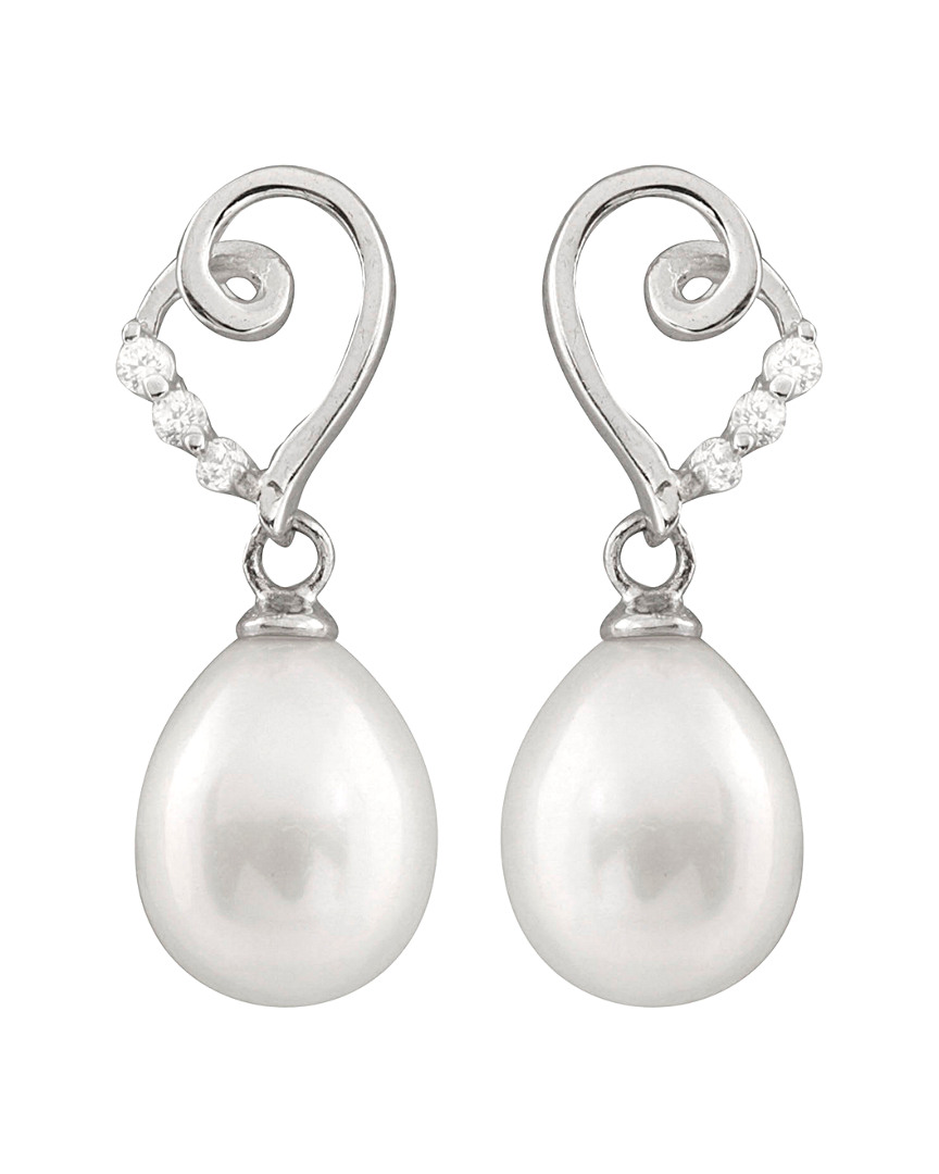 Splendid Pearls Rhodium Plated 8-8.5mm Pearl & Cz Earrings