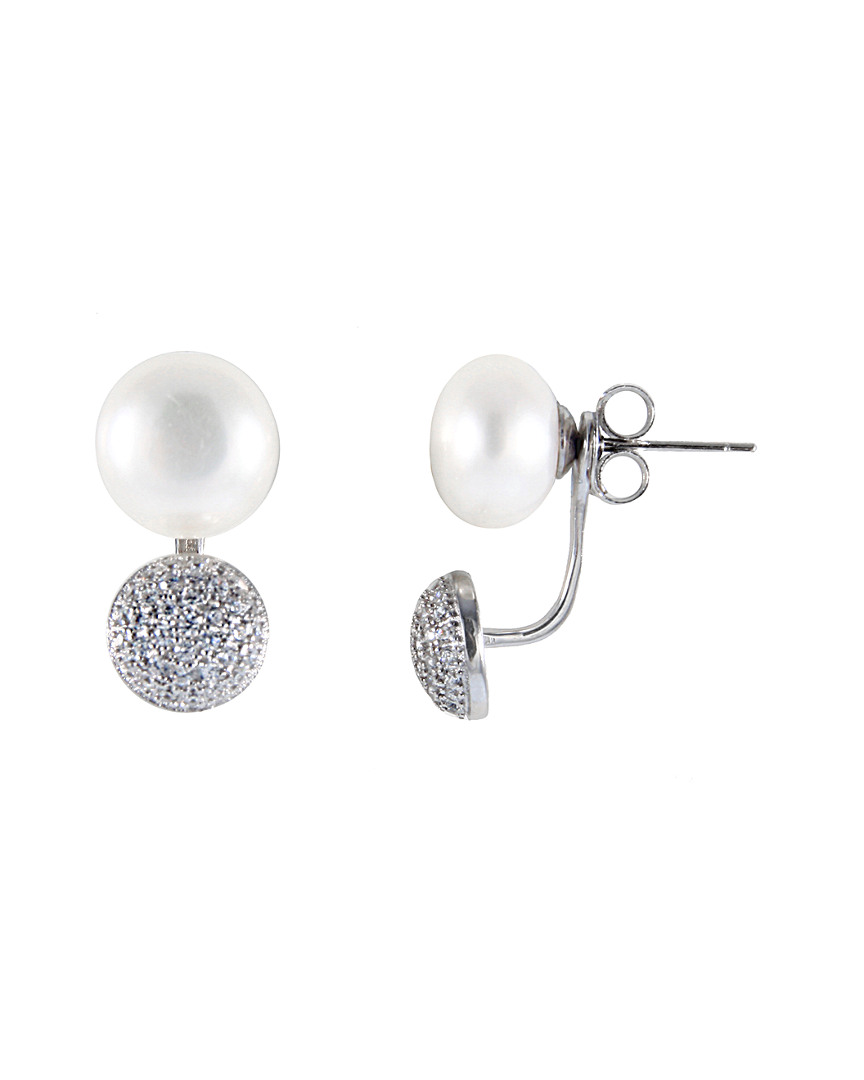 Splendid Pearls Rhodium Plated 9-9.5mm Pearl & Cz Earrings