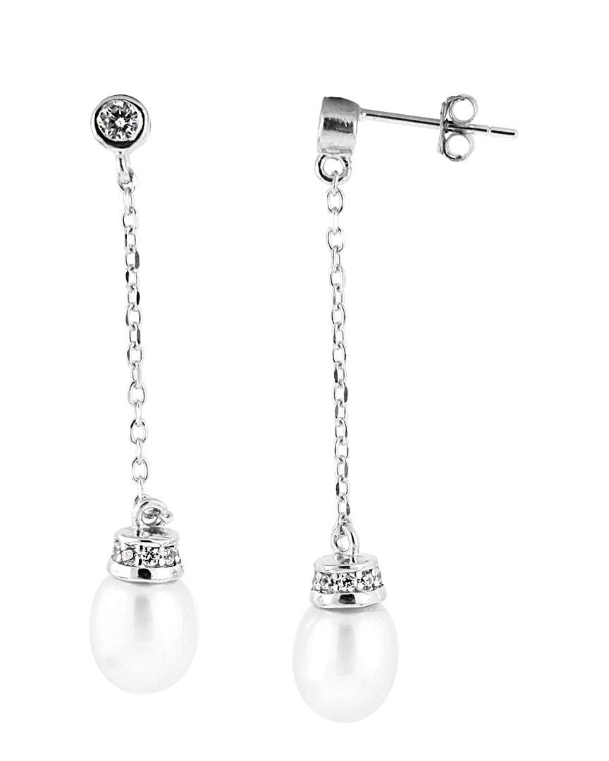 Splendid Pearls Rhodium Plated 7-7.5mm Pearl & Cz Earrings