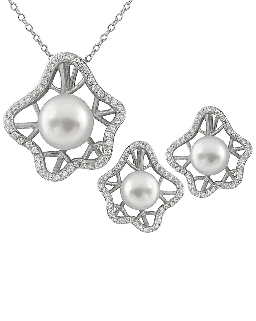 Splendid Pearls Rhodium Plated 9-10mm Pearl & Cz Necklace & Earrings Set