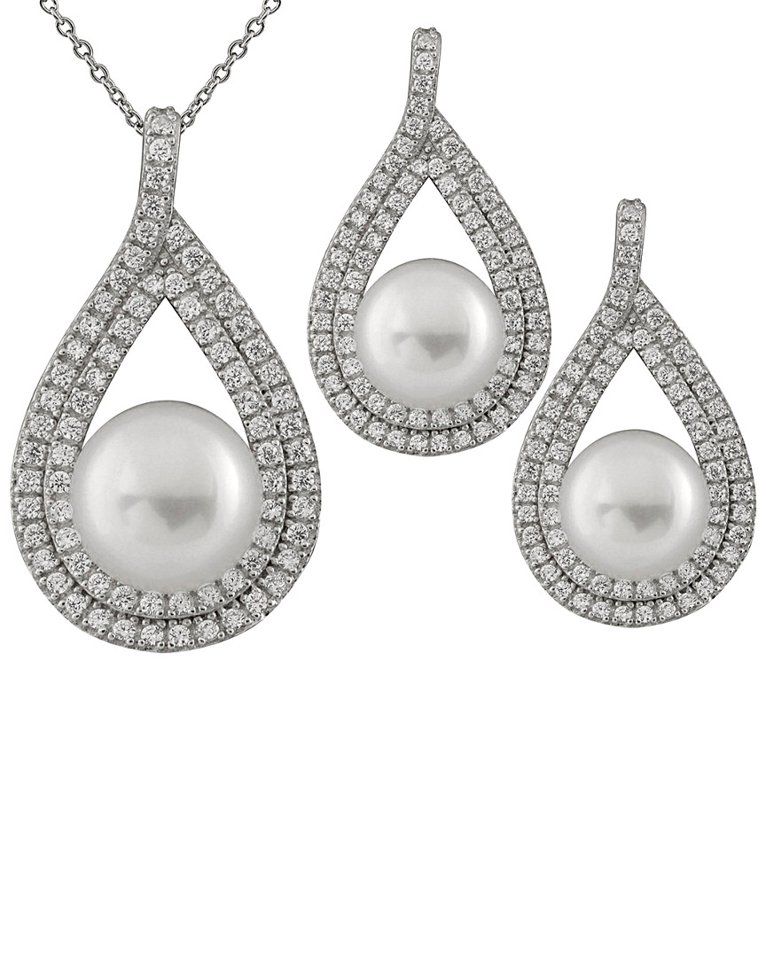 Splendid Pearls Rhodium Plated 7-10mm Pearl & Cz Necklace & Earrings Set