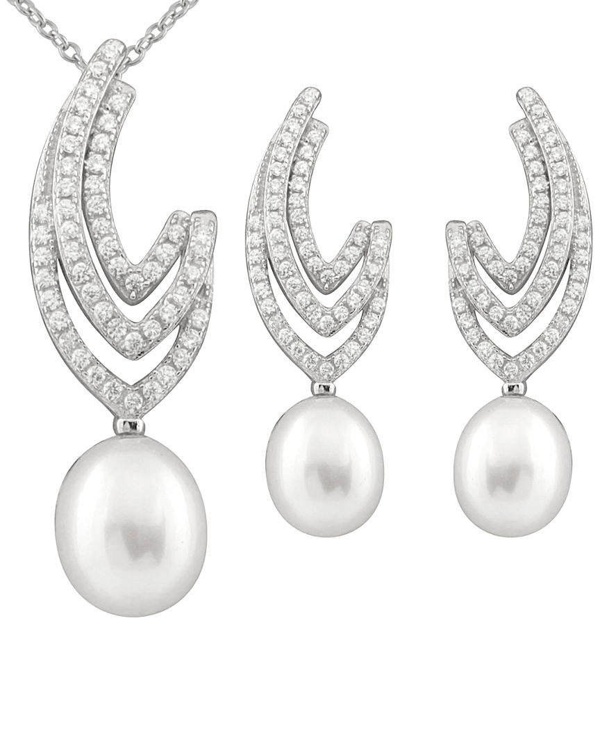 Splendid Pearls Rhodium Plated 7.5-8mm Pearl & Cz Necklace & Earrings Set