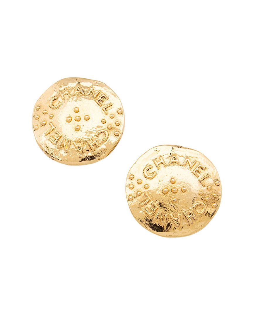 Chanel Vintage Logo Coin Clip On Earrings (authentic Pre-loved) In Gold