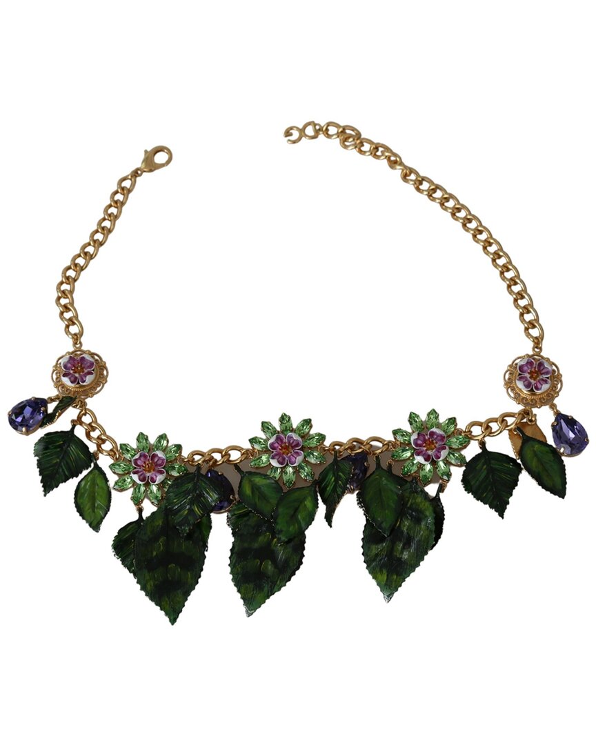 Shop Dolce & Gabbana Leaves Crystal Flower Pendant Necklace