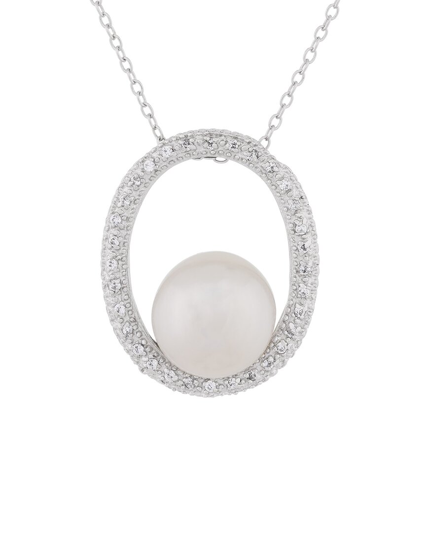 Splendid Pearls Rhodium Plated 8-9mm Pearl Cz Pendant Necklace