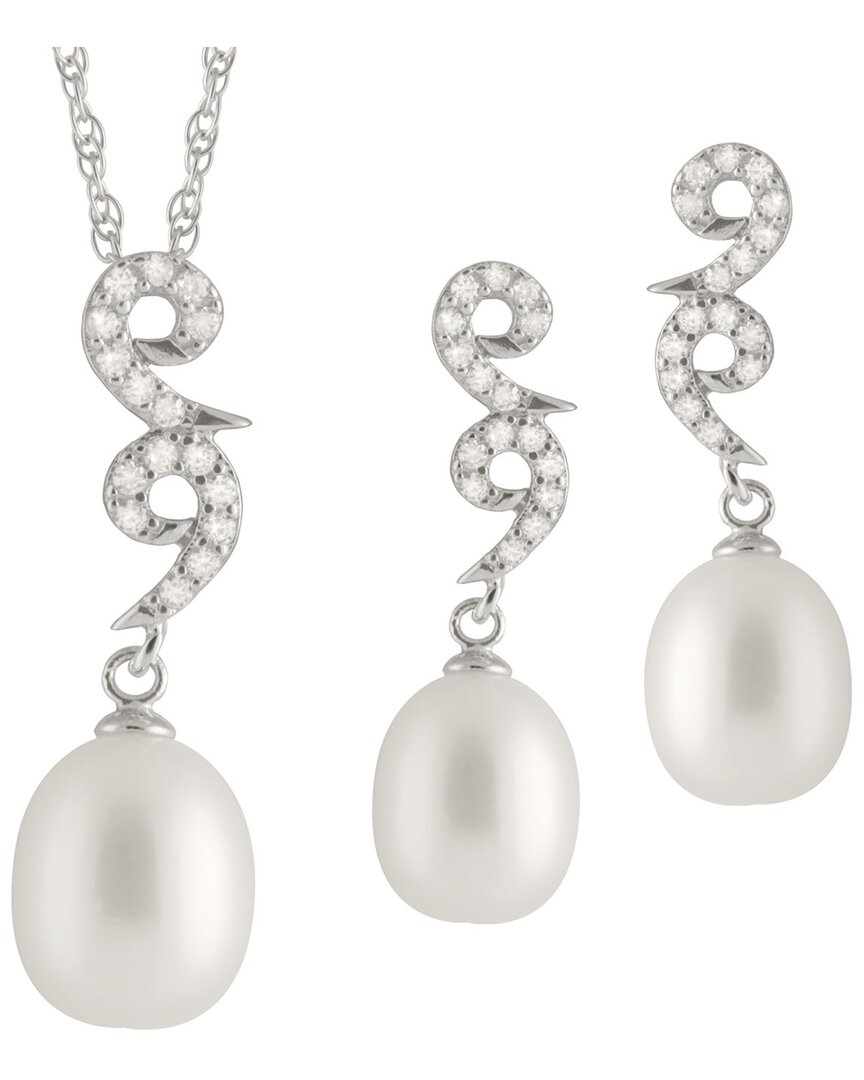 Splendid Pearls Rhodium Plated 7-9mm Pearl Cz Necklace & Earrings Set