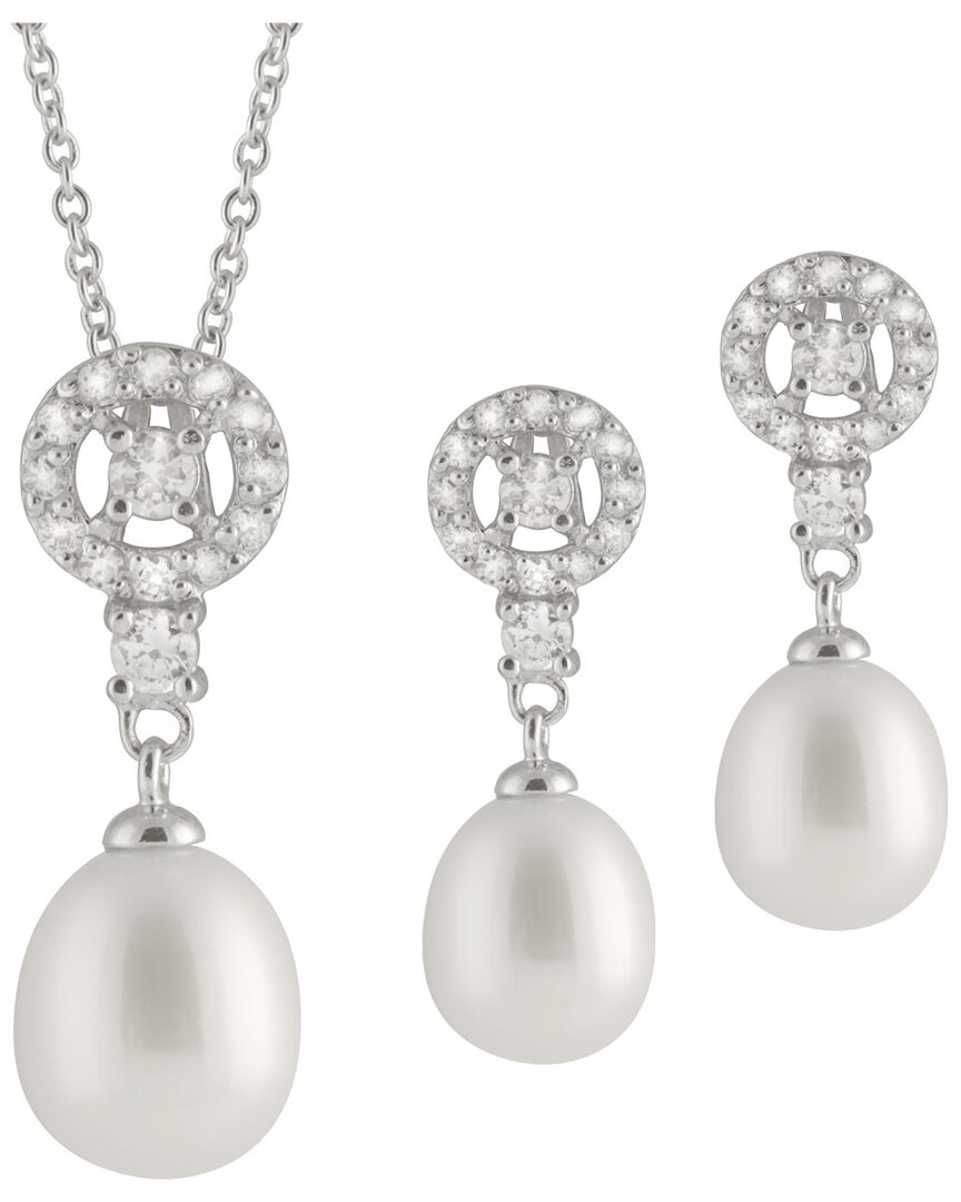 Splendid Pearls Rhodium Plated 8-9.5mm Pearl Cz Necklace & Earrings Set