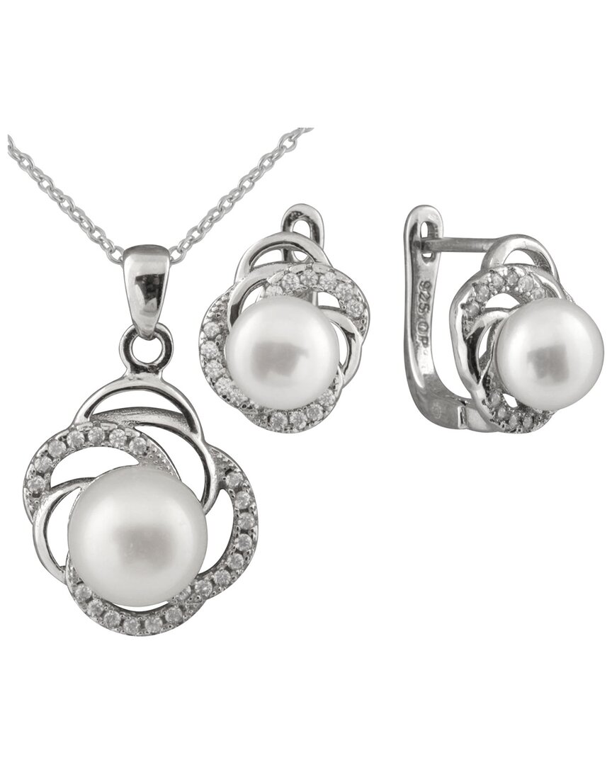 Shop Splendid Pearls Rhodium Plated 7-8mm Pearl Cz Necklace & Earrings Set