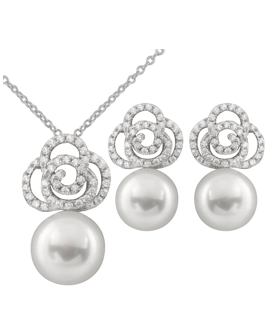Splendid Pearls Rhodium Plated 9-10mm Pearl Cz Necklace & Earrings Set