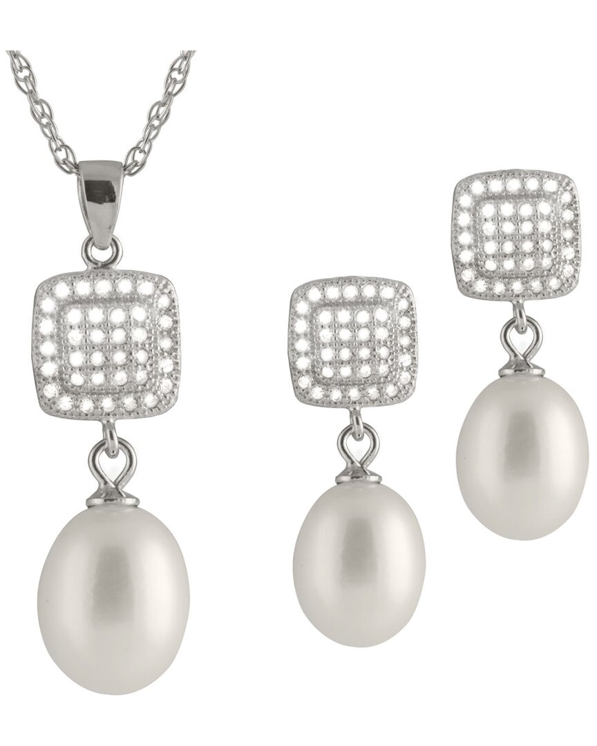 Splendid Pearls Rhodium Plated 8-9mm Pearl Cz Necklace & Earrings Set