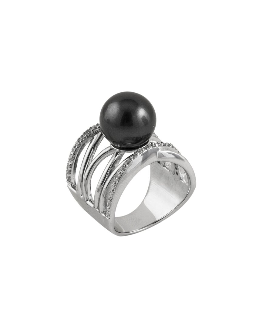 Splendid Pearls Rhodium Plated 12-12.5mm Pearl Cz Ring