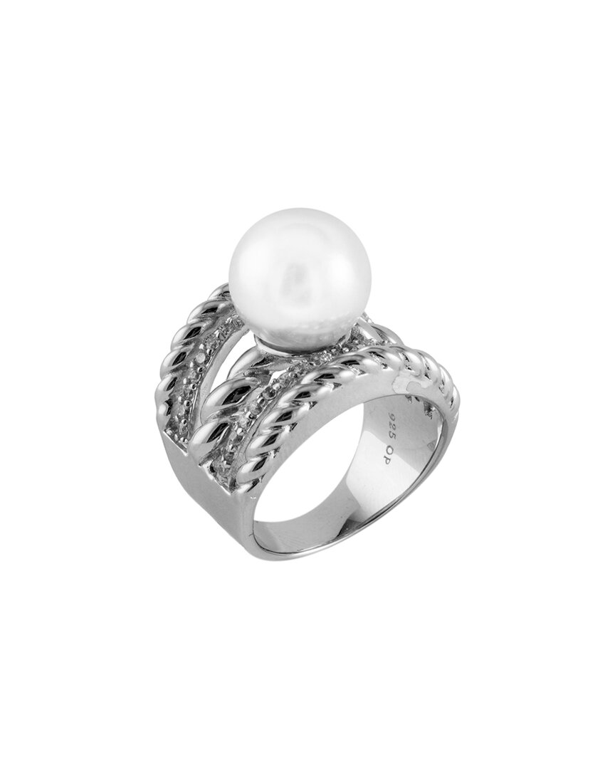 Splendid Pearls Rhodium Plated 12-12.5mm Pearl Cz Ring