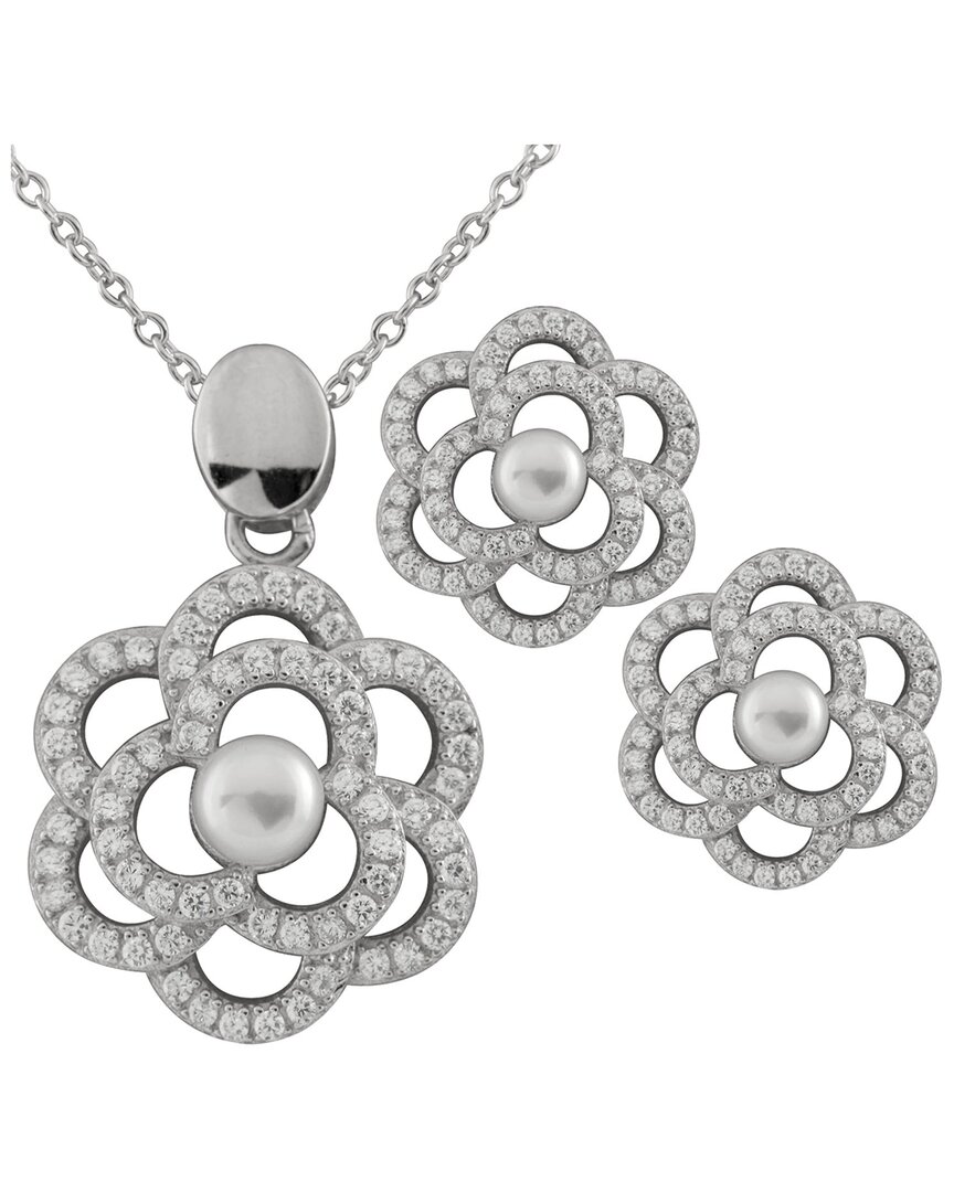 Splendid Pearls Rhodium Plated 5-6mm Pearl Cz Necklace & Earrings Set