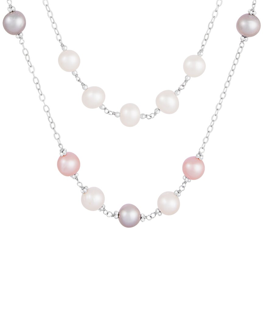 Splendid Pearls Rhodium Plated 7-10mm Pearl Cz Pendant Necklace