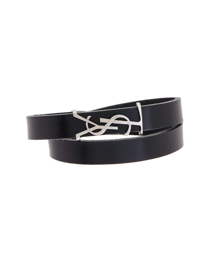 Shop Saint Laurent Opyum Double Wrap Leather Bracelet In Black