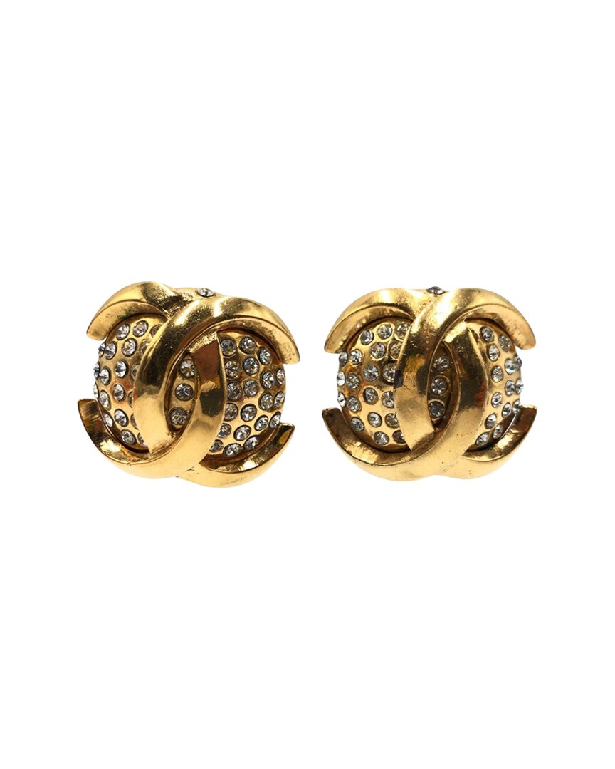 Chanel Vintage Coco Mark Gold Metal Rhinestone Earrings (authentic Pre-loved)