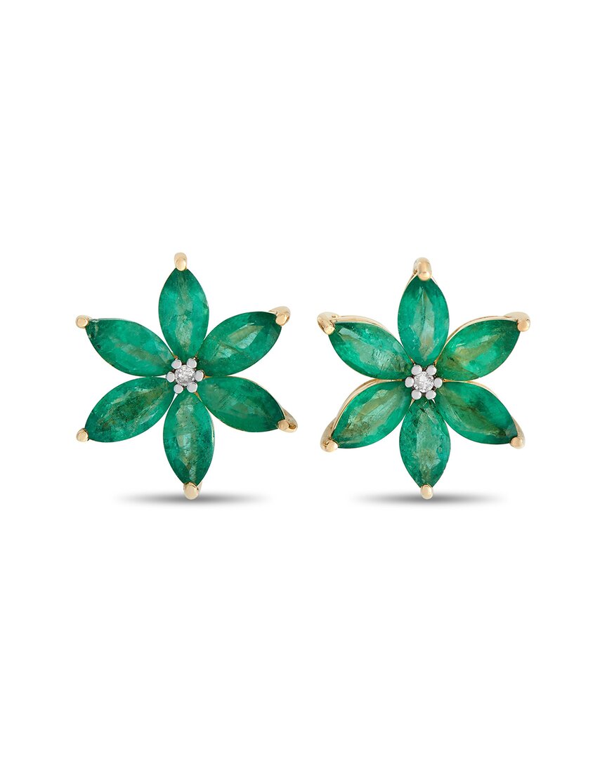 Gemstones 14k 0.01 Ct. Tw. Diamond & Emerald Flower Earrings In Green