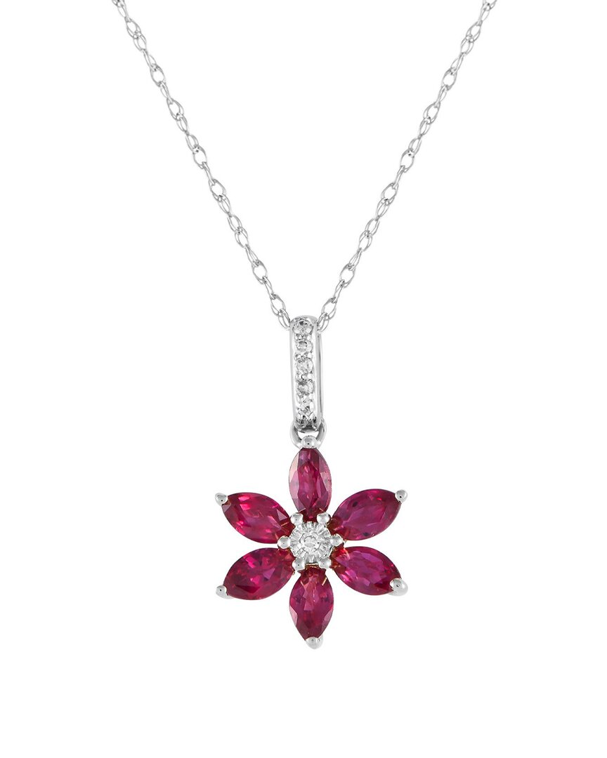 Gemstones 14k 0.01 Ct. Tw. Diamond & Ruby Flower Necklace In Metallic