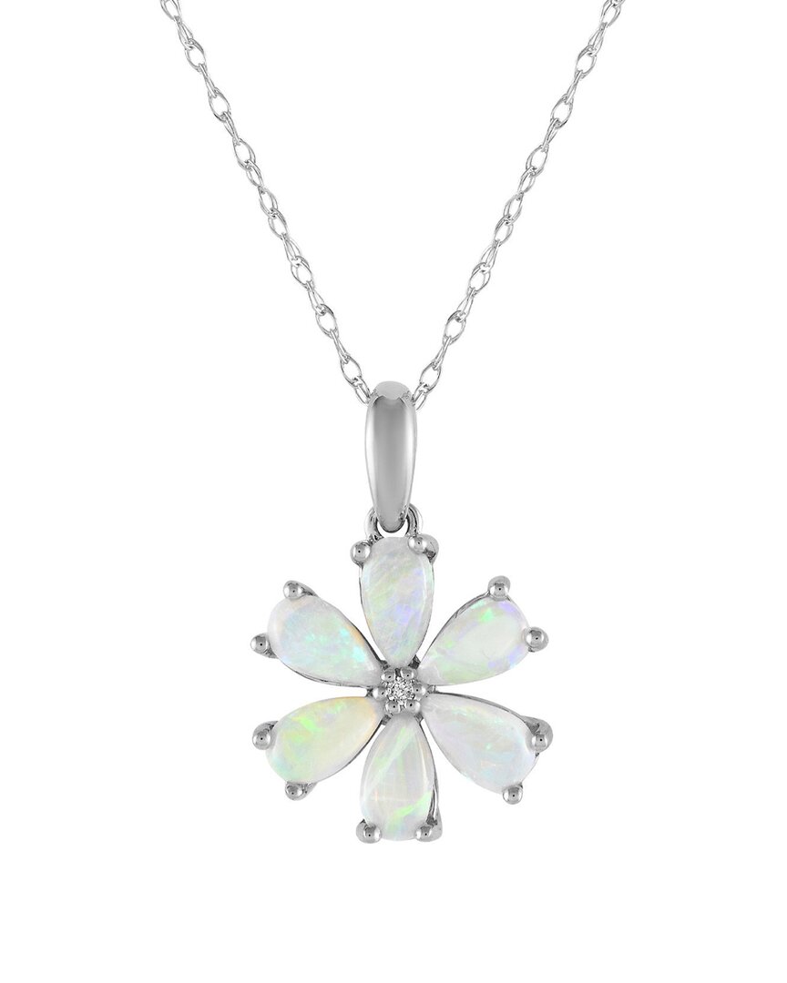 Gemstones 14k 0.01 Ct. Tw. Diamond & Opal Flower Necklace In Metallic