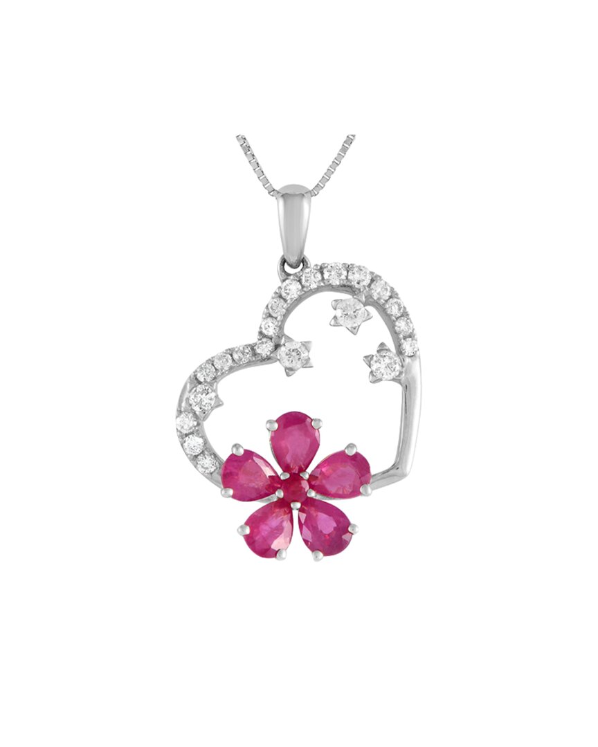 Gemstones 14k 0.20 Ct. Tw. Diamond & Ruby Heart & Flower Necklace In White