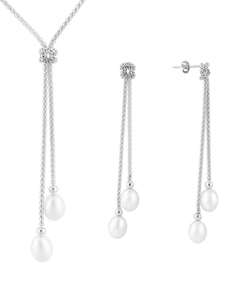 Splendid Pearls Silver 7.5-8mm Pearl Earrings & Necklace Set