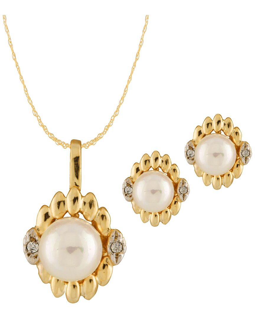Splendid Pearls 14k 0.06 Ct. Tw. Diamond & 5-5.5mmmm Pearl Earrings & Necklace Set In Gold