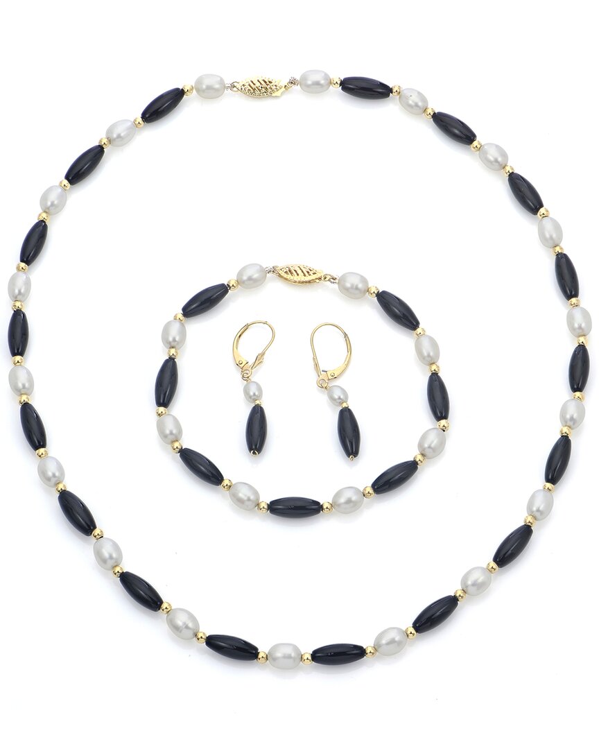 Pearls 14k Black Onyx 6.5-7mm Freshwater Pearl 3pc Necklace, Bracelet, & Earrings Set