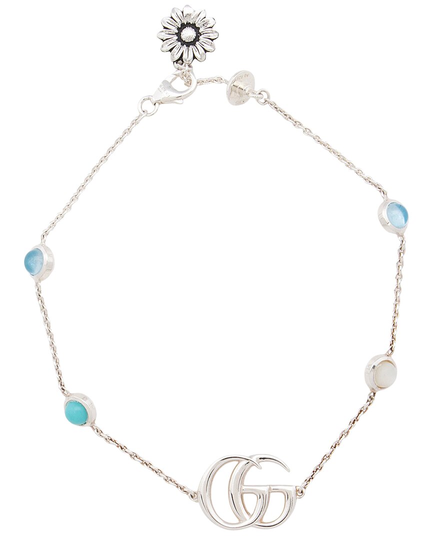 Pre-owned Gucci Silver Blue Topaz Flower Gg Marmont Bracelet (authentic Pre-loved)