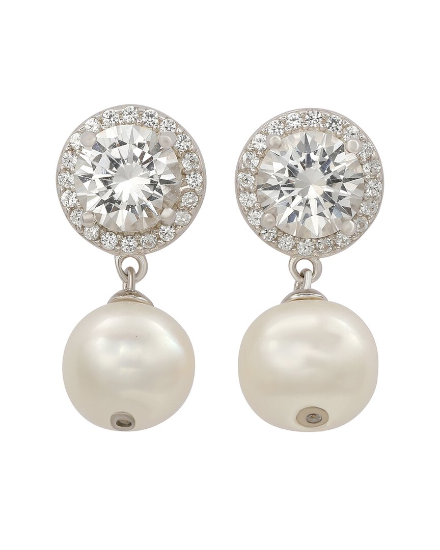 Suzy Levian Silver 0.02 Ct. Tw. Diamond & Created White Sapphire & 8mm Pearl Halo Dangle Earring In Metallic