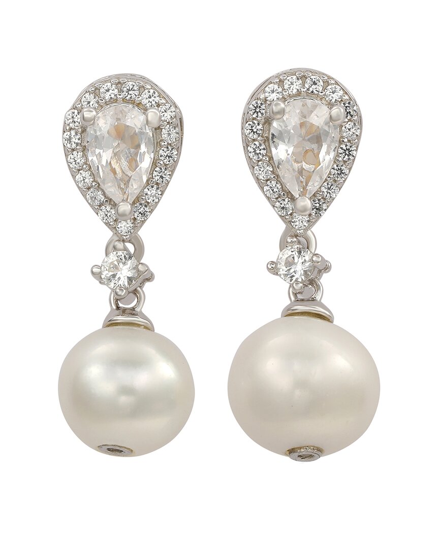 Suzy Levian Silver Created White Sapphire & 8mm Pearl Halo Dangle Earring In Metallic