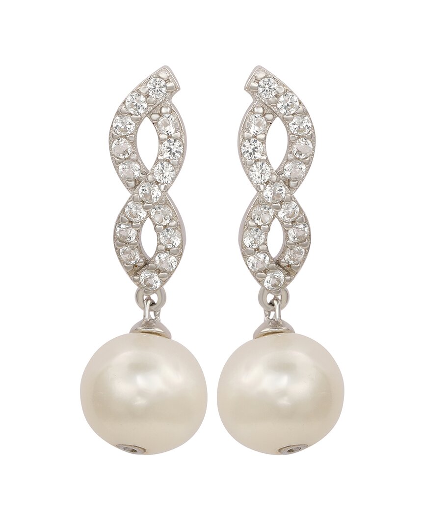 Suzy Levian Silver Created White Sapphire & 8mm Pearl Infinity Dangle Earring In Metallic